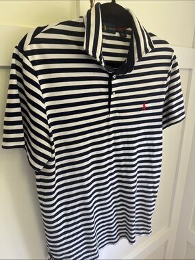 Ralph Lauren Men’s Navy and White Striped Polo with Red Pony